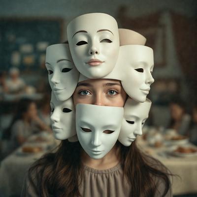 The primary subject of the image is a woman wearing a unique headpiece made of multiple white masks. The setting is a dining table with chairs surrounding it, and the visual style appears to be a combination of a photo and digital art. The woman's headpiece is the main focus of the image, and the overall atmosphere is whimsical and creative.